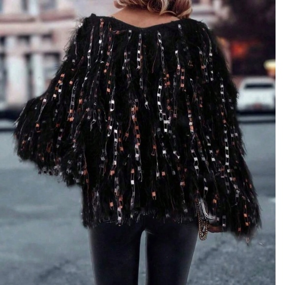 Cozy Fuzzy Multicolor Tassel V neck Loose Fit Sweater Top - Picture 6 of 8